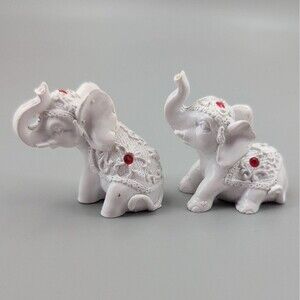 Set of 2 White‎ Elephant Figurines Red Gem Accents Lucky Decor